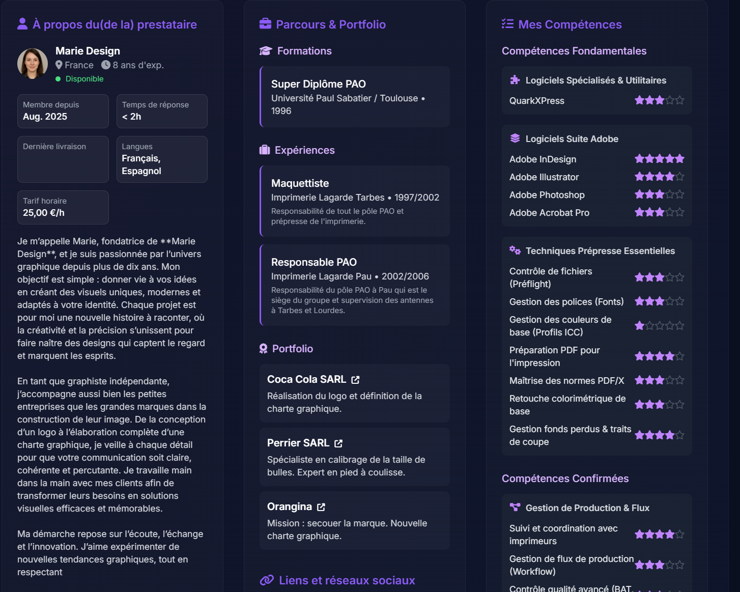 Fiche détaillée prestataire avec analyse de compétences
