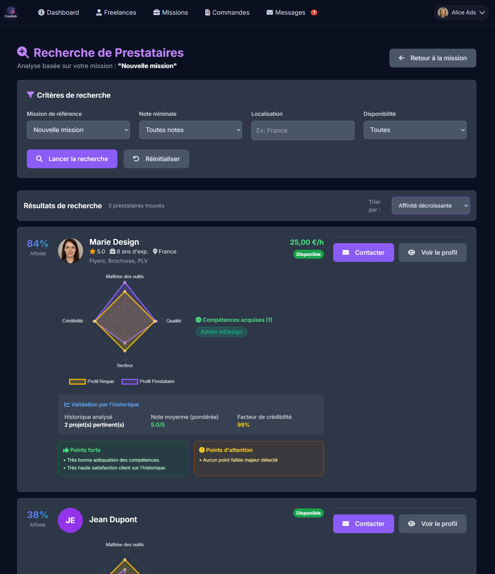 Interface de recherche de prestataires qualifiés